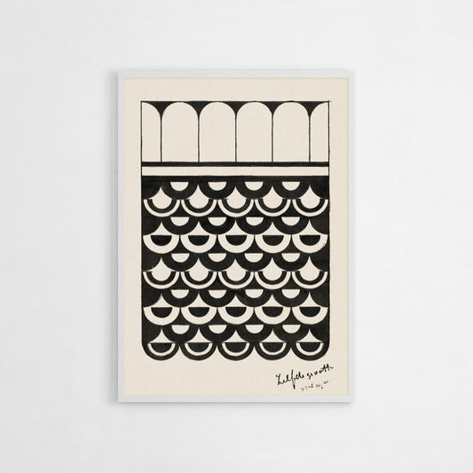 Monochromatic art poster black and white, showcasing bold, repeating geometric shapes in a scale-like pattern. Ideal for minimalist and mid century modern decor.