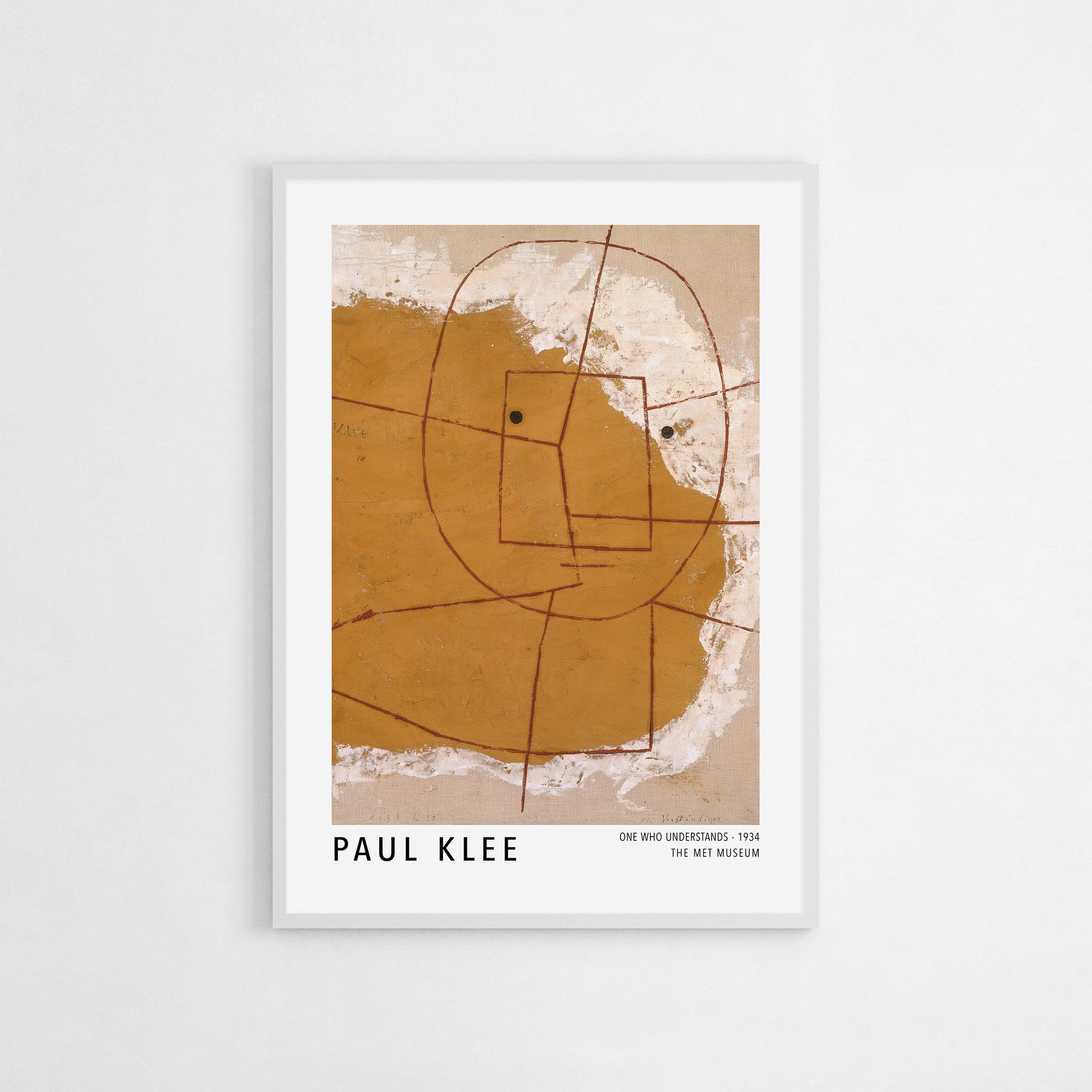 Poster of Paul Klee’s One Who Understands (1934), depicting an abstract figure outlined with simple lines on a textured, earthy background, with elements of modern minimalism.