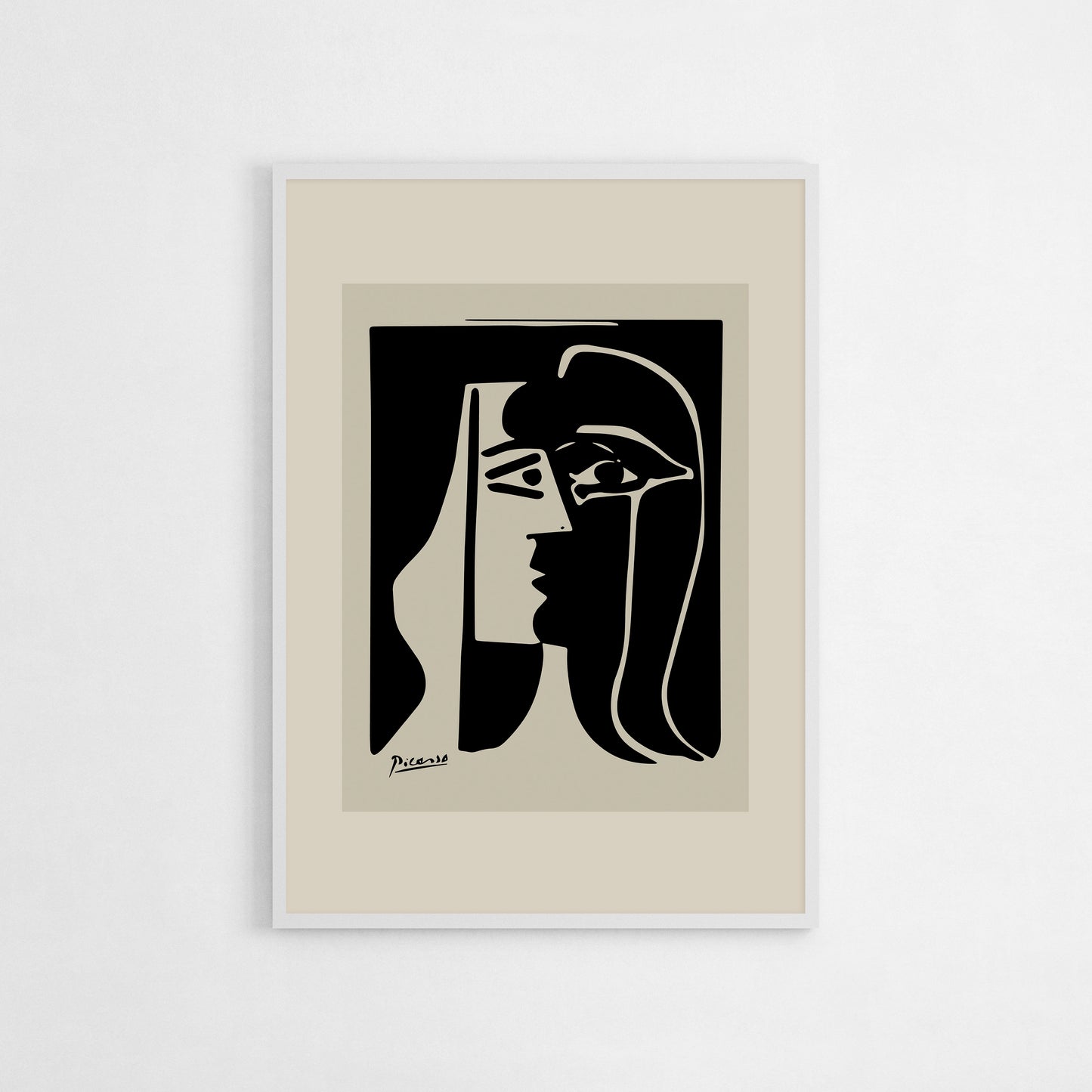 Abstract dual-faced portrait poster by Picasso, showcasing a bold black and neutral composition with cubist elements. black and white wall art decor