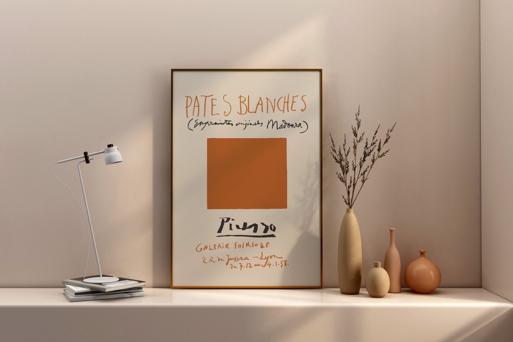 1958 Picasso exhibition poster for "Pâtes Blanches" at Galerie Folklore, featuring a minimalist orange square and handwritten typography in a vintage design.