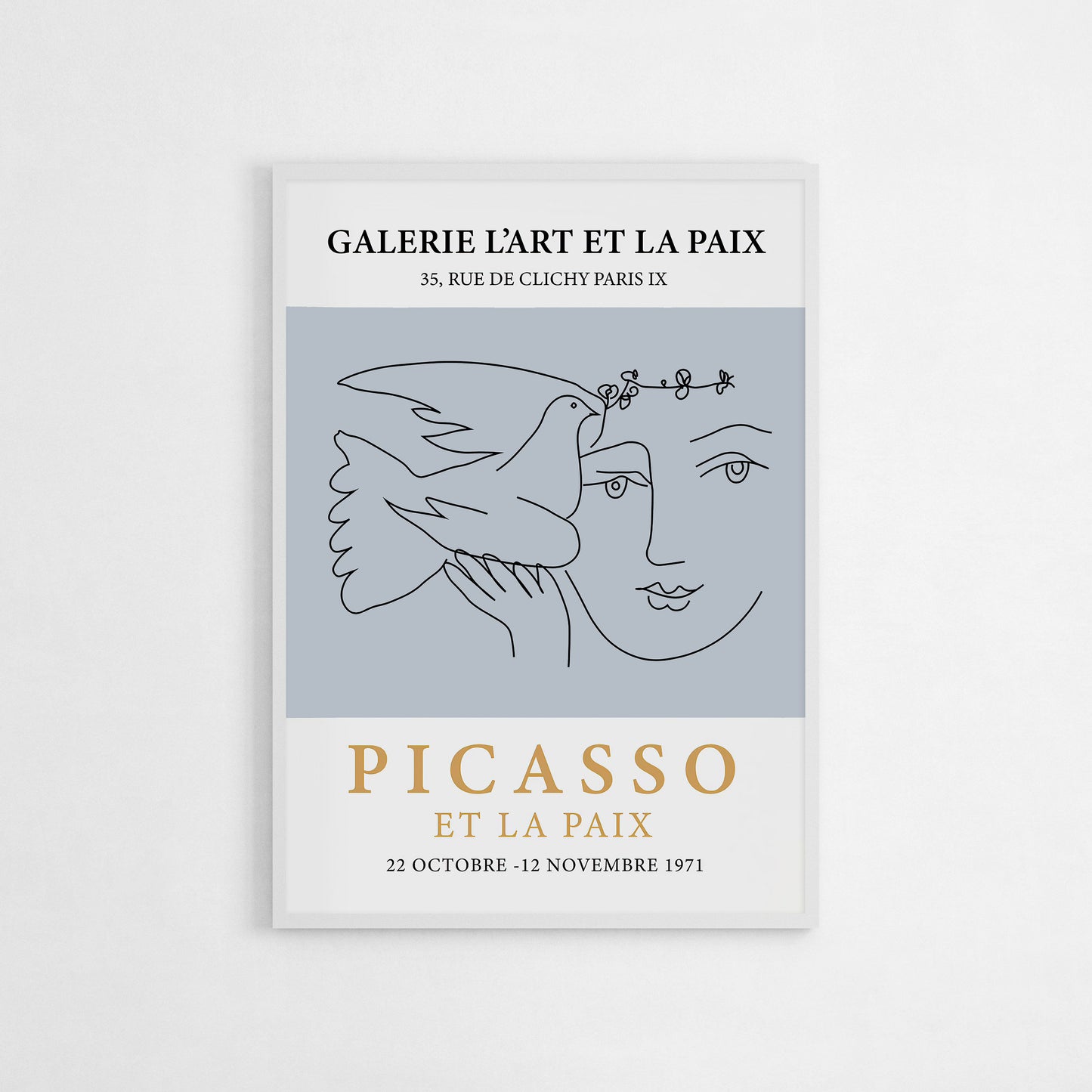 Art poster of Picasso's 1971 "Et La Paix" exhibition, featuring a line drawing of a woman holding a dove on a blue background, symbolizing peace and harmony.