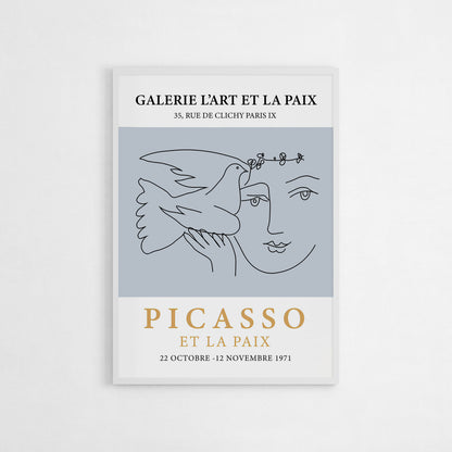 Art poster of Picasso's 1971 "Et La Paix" exhibition, featuring a line drawing of a woman holding a dove on a blue background, symbolizing peace and harmony.