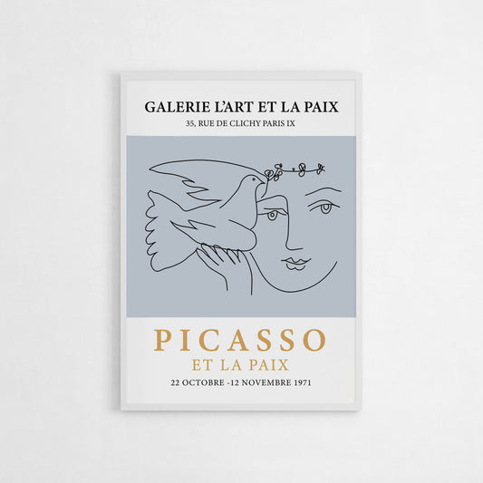 Art poster of Picasso's 1971 "Et La Paix" exhibition, featuring a line drawing of a woman holding a dove on a blue background, symbolizing peace and harmony.