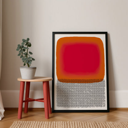 Abstract art print with a bold red and orange gradient over a black-and-white textured base, creating a modern and minimalist design ideal for contemporary decor.