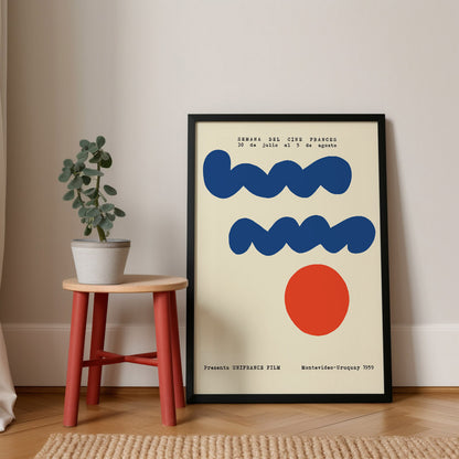 Vintage French Film Week poster from Montevideo, 1959, featuring minimalist blue wave shapes and a bold red circle on a cream background in a mid-century modern design.