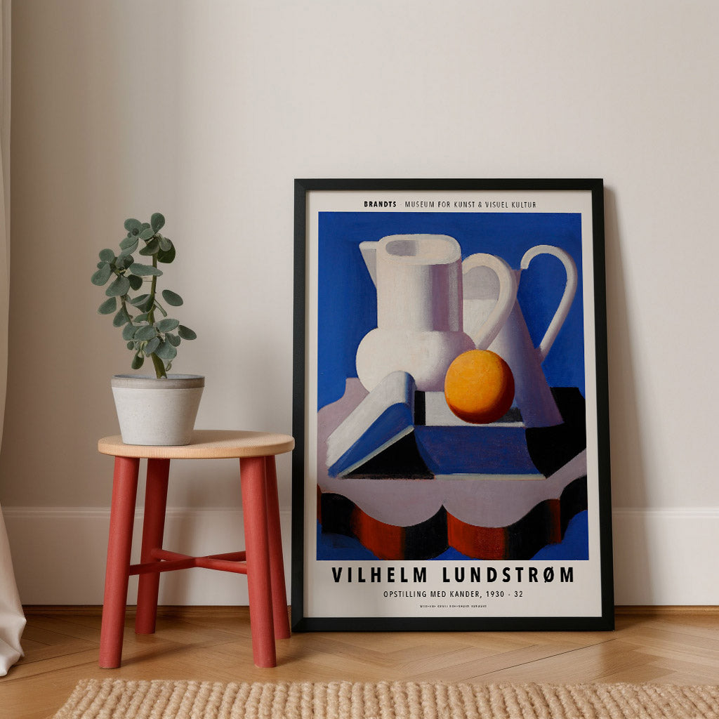 Poster of Vilhelm Lundstrøm’s "Opstilling med Kander" (1930-32), depicting a modernist still life with jugs, a fruit, and geometric shapes in a vibrant, minimalist composition.