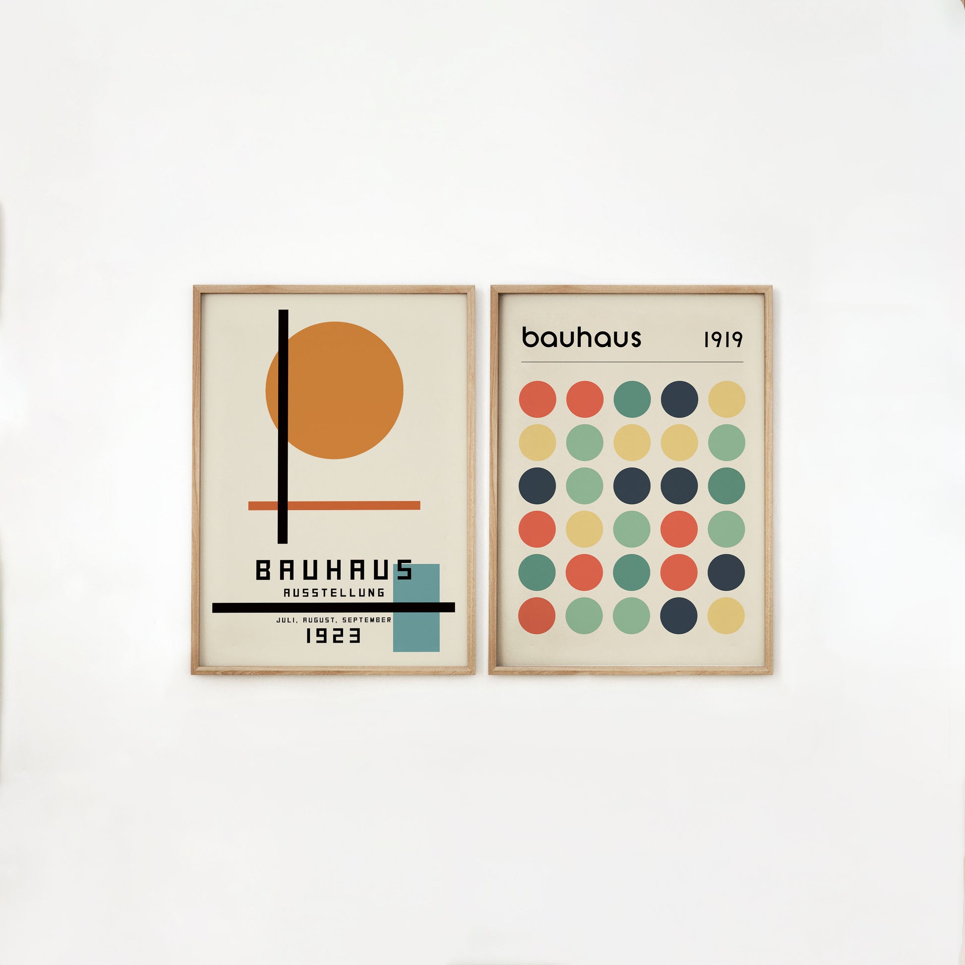 Set of 2 Bauhaus-inspired wall art prints, featuring minimalist geometric designs from 1919 and 1923 Ausstellung. The prints include bold colors and shapes, perfect for modern decor, living rooms, offices, or as a stylish gift for design lovers.