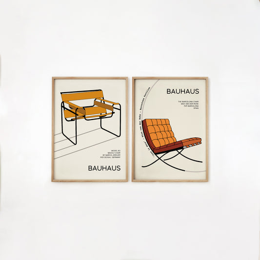 Set of 2 Bauhaus posters showcasing minimalist illustrations of the Barcelona Chair by Mies van der Rohe and the Wassily Chair by Marcel Breuer. Ideal gift for design aficionados and fans of modernist furniture.