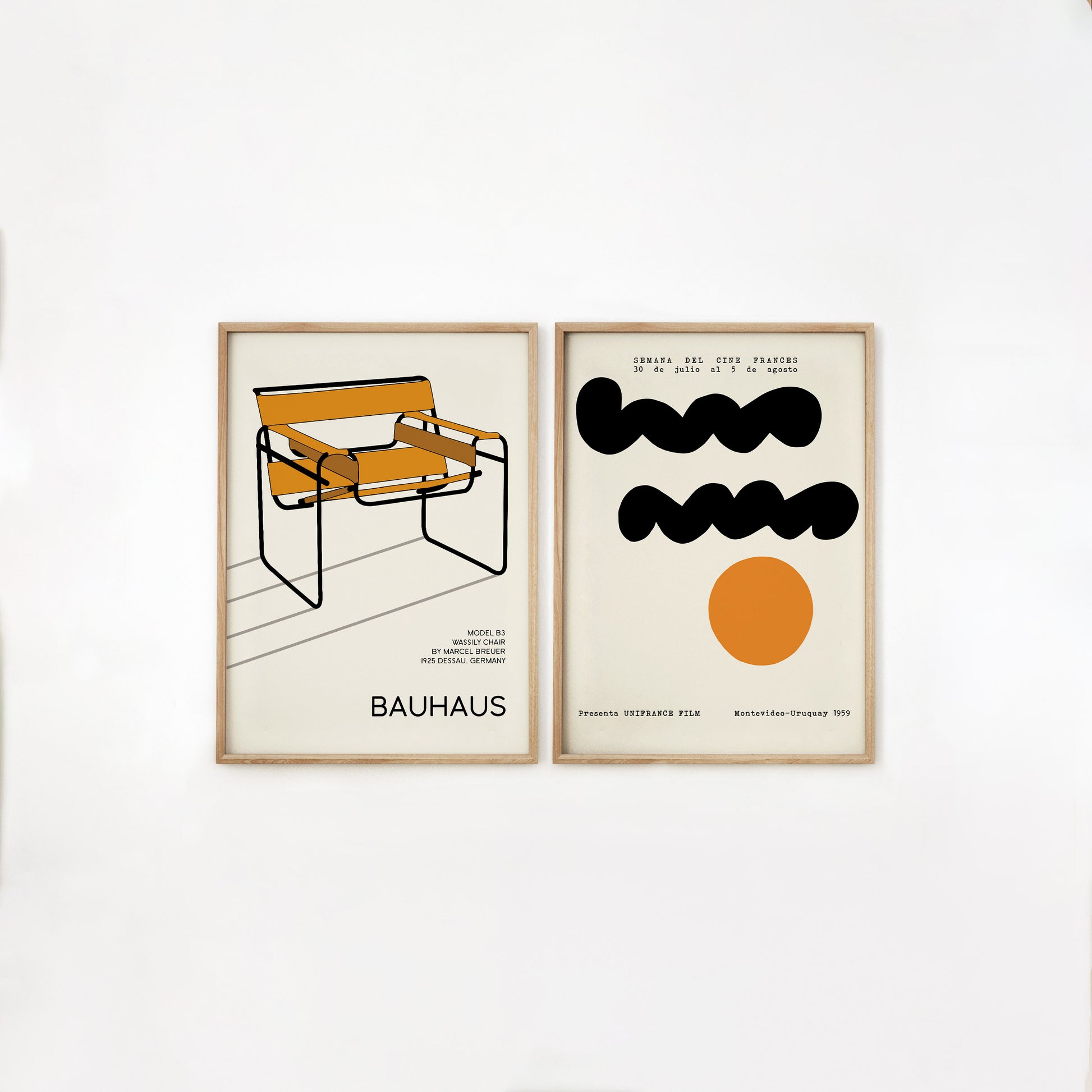 Set of 2 minimalist posters featuring the Wassily Chair by Marcel Breuer alongside a bold abstract design inspired by 1959 French cinema, perfect for modern interiors and as a gift for design aficionados.