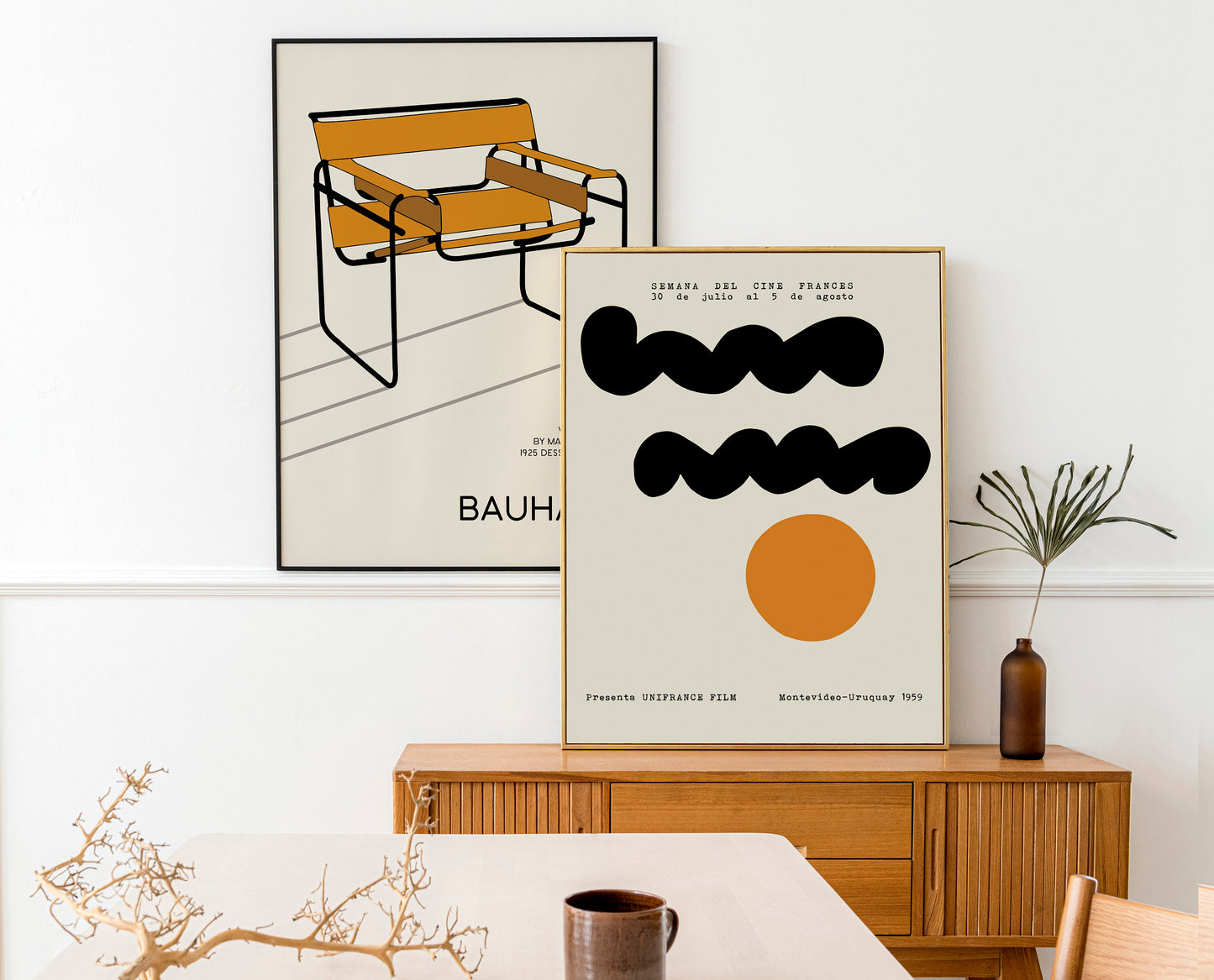 Set of 2 minimalist posters featuring the Wassily Chair by Marcel Breuer alongside a bold abstract design inspired by 1959 French cinema, perfect for modern interiors and as a gift for design aficionados.