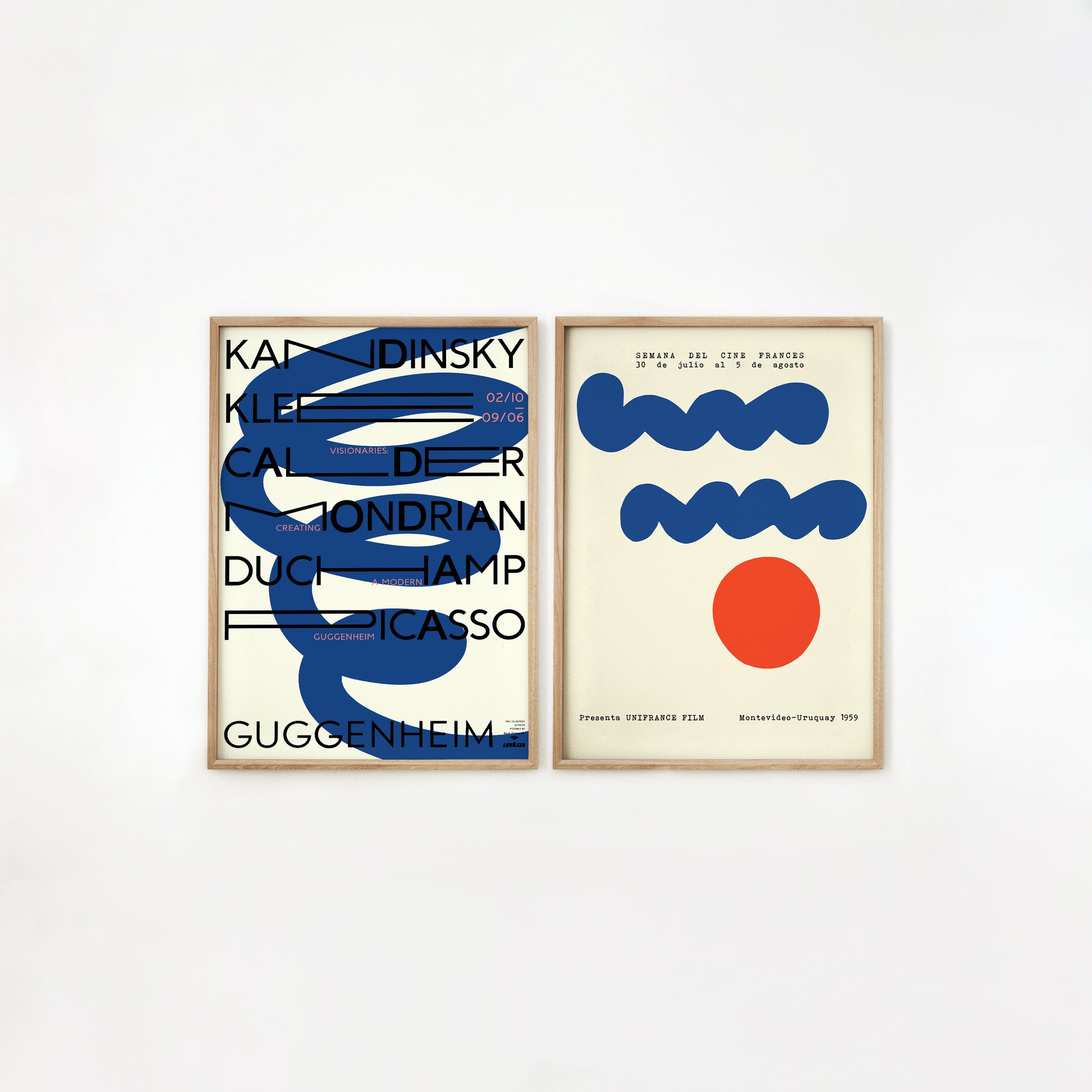 Set of 2 gallery wall posters featuring abstract designs and bold typography. One print includes famous artists' names like Kandinsky and Picasso in black text against a deep blue shape, while the other displays playful blue waves and a red circle. Perfect for modern, minimalist decor in living rooms, bedrooms, or offices.