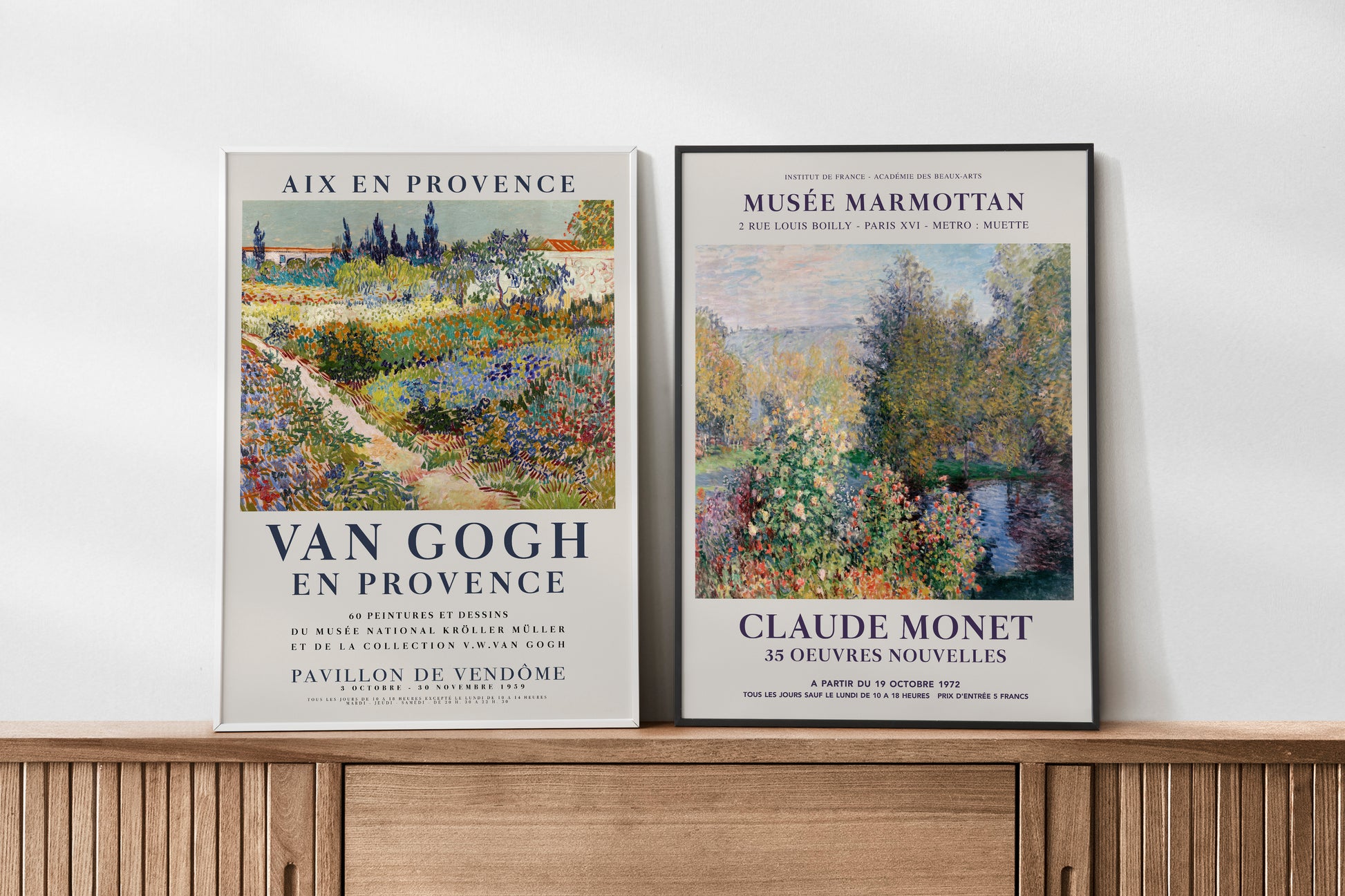 Set of two exhibition posters featuring Vincent Van Gogh’s Garden at Arles and Claude Monet’s Garden at Montgeron. This elegant art print duo showcases the unique styles and vibrant colors of both masterpieces, ideal for a gallery wall or as a gift.