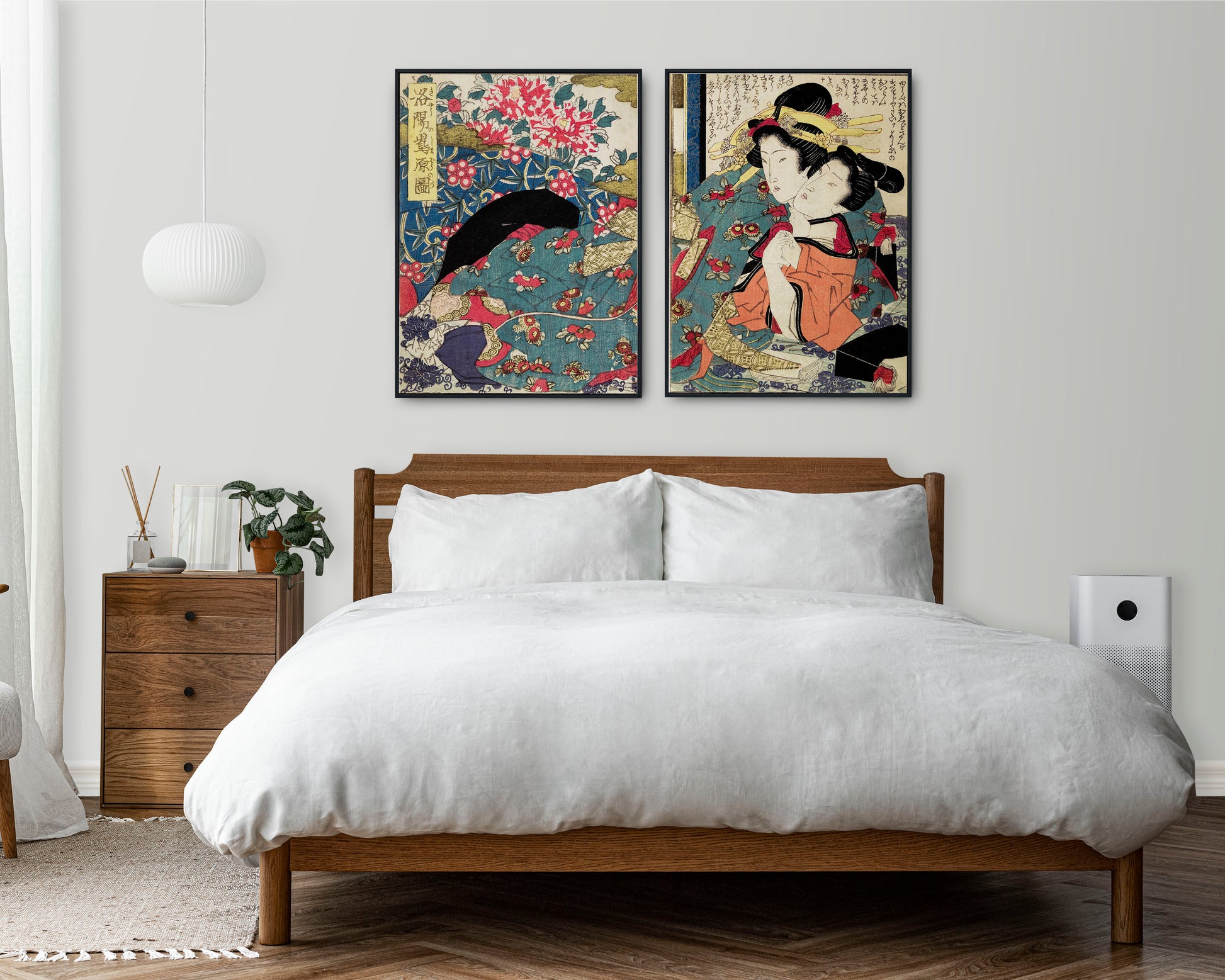 Set of 2 traditional Japanese art prints featuring colorful kimono designs and floral motifs, perfect for home decor and gallery walls.