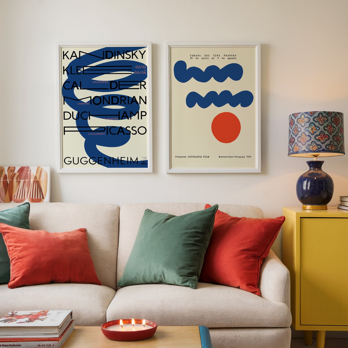 Set of 2 gallery wall posters featuring abstract designs and bold typography. One print includes famous artists' names like Kandinsky and Picasso in black text against a deep blue shape, while the other displays playful blue waves and a red circle. Perfect for modern, minimalist decor in living rooms, bedrooms, or offices.