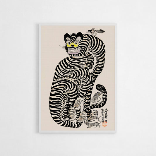 A vintage Talismanic Tiger art print from 20th-century Japan, featuring a bold black-and-white tiger with expressive eyes. Perfect for modern, eclectic, or boho interiors, this striking poster symbolizes protection and adds a unique artistic touch to living rooms or home offices. Ideal as a gift for art collectors or lovers of Japanese design.