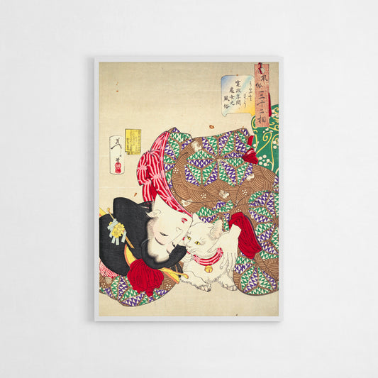 Traditional Japanese woodblock print of a geisha teasing a white cat, created by Tsukioka Yoshitoshi in 1888, perfect for boho, vintage, or Japanese-style decor