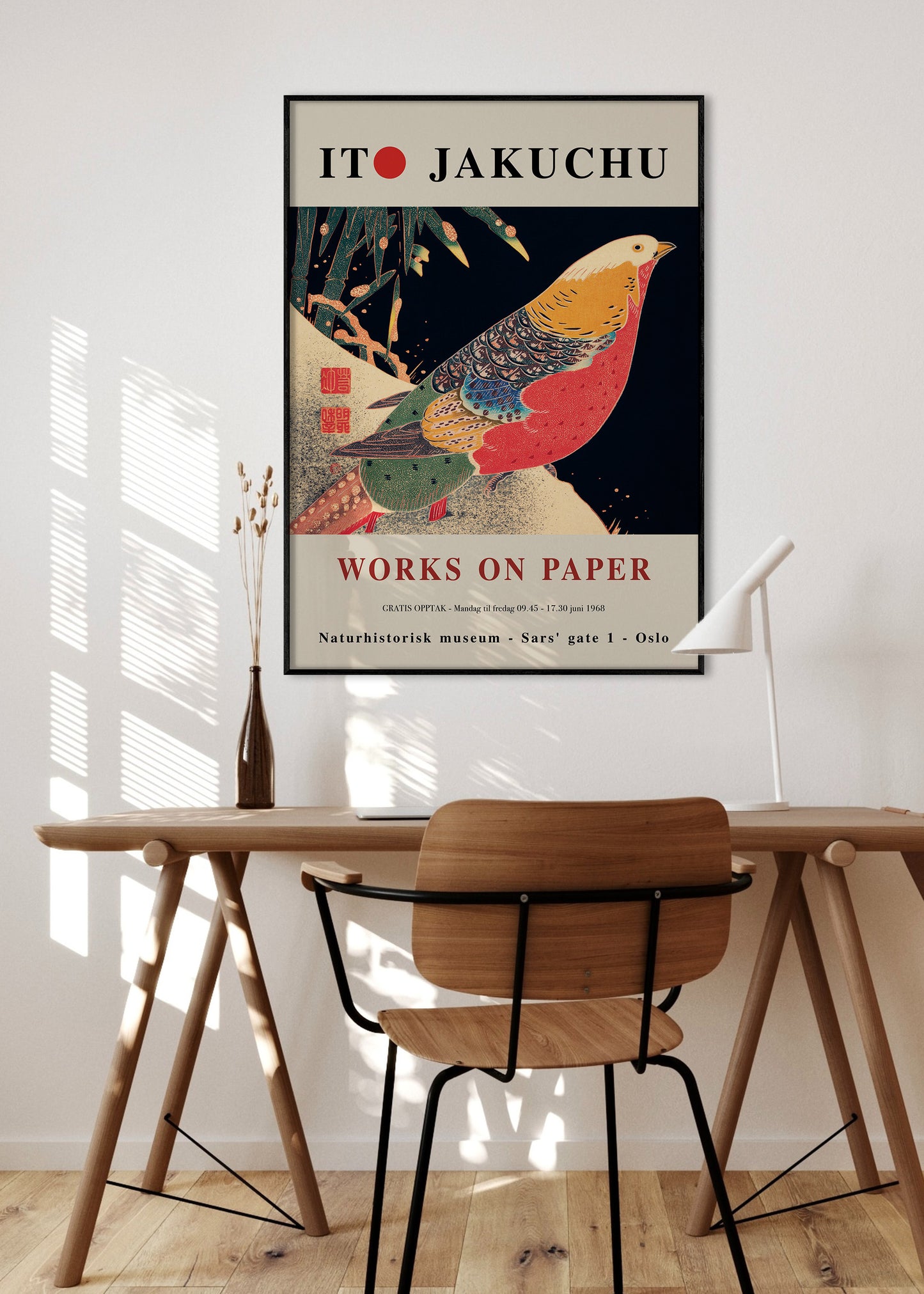 Ito Jakuchu Golden Pheasant exhibition poster showcasing vibrant colors and intricate Japanese art, perfect for any interior space.