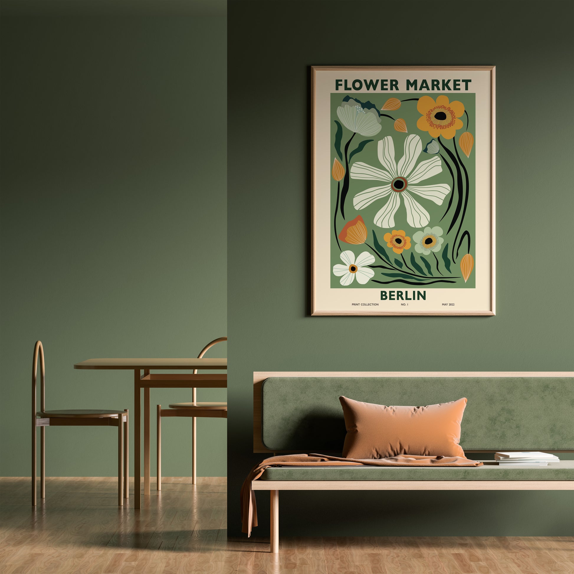 modern-style Flower Market Berlin poster with green, orange, and yellow floral illustrations, featuring a abstract botanical design on a light green background.