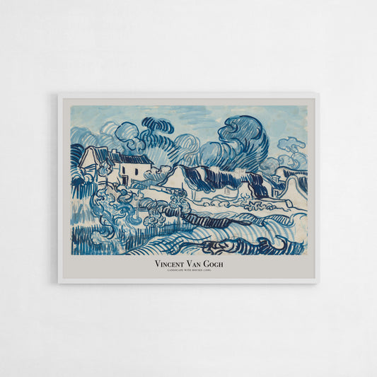 Classic blue-themed print of Vincent Van Gogh’s “Landscape with Houses,” capturing intricate line drawing and historical charm, ideal for art lovers and collectors.