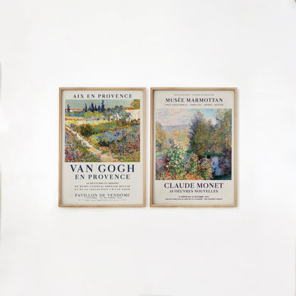 Set of two exhibition posters featuring Vincent Van Gogh’s Garden at Arles and Claude Monet’s Garden at Montgeron. This elegant art print duo showcases the unique styles and vibrant colors of both masterpieces, ideal for a gallery wall or as a gift.