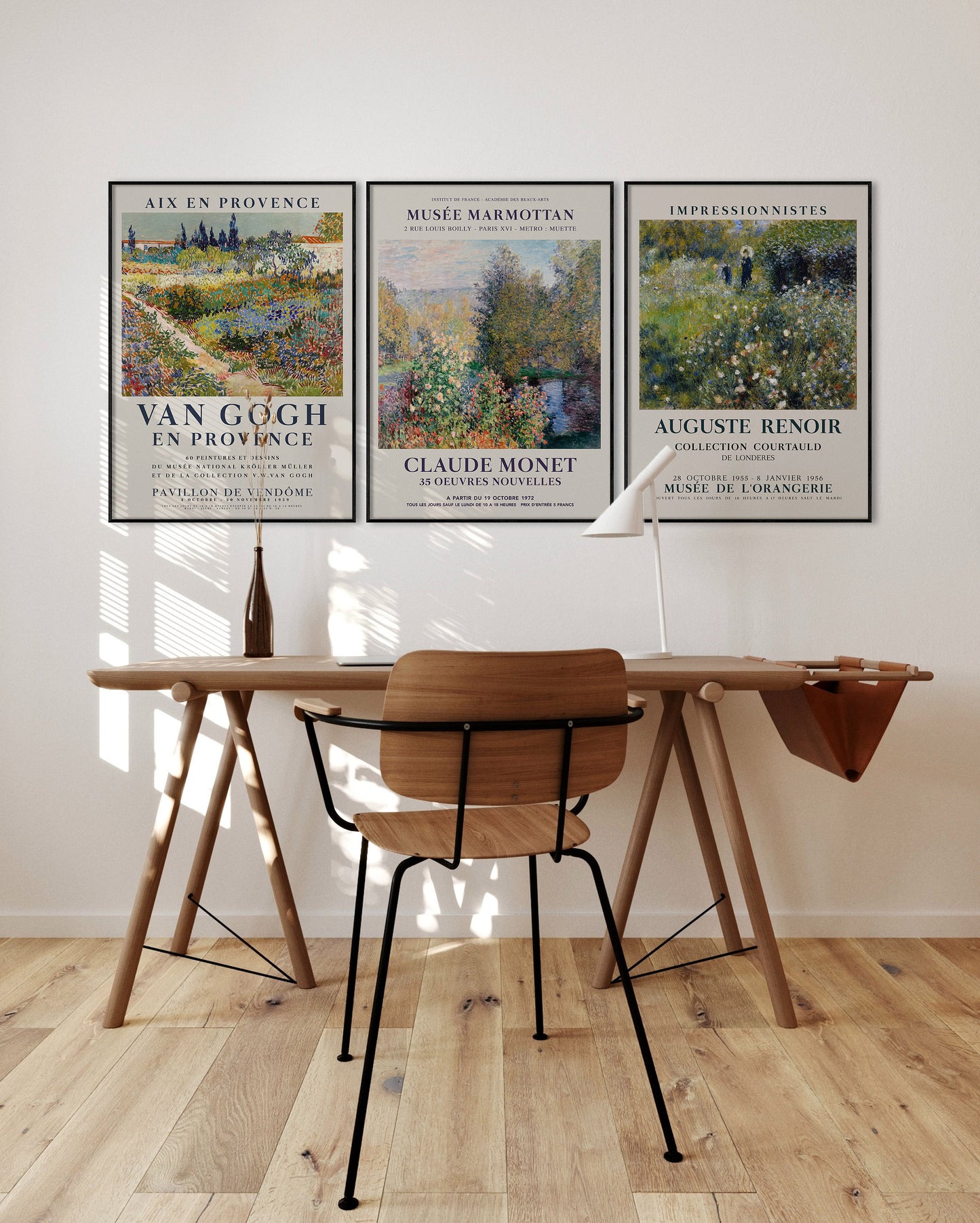 Set of three Impressionist garden art posters featuring Garden at Arles by Van Gogh, Garden at Montgeron by Monet, and Femme avec parasol dans un jardin by Renoir. Classic art prints ideal for nature-inspired decor or as a thoughtful gift for art lovers.