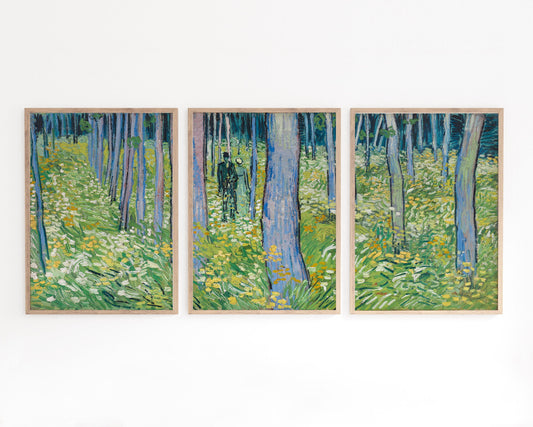 Triptych art print set featuring Vincent Van Gogh’s “Undergrowth with Two Figures,” depicting a lush forest scene with vibrant green, blue, and yellow tones. Ideal for wall decor in homes or offices and as a unique gift for art lovers.