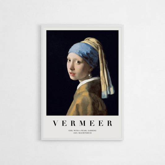 Art print of Vermeer's "Girl with a Pearl Earring," featuring a young woman with a blue and gold headscarf and a pearl earring, set against a dark background.