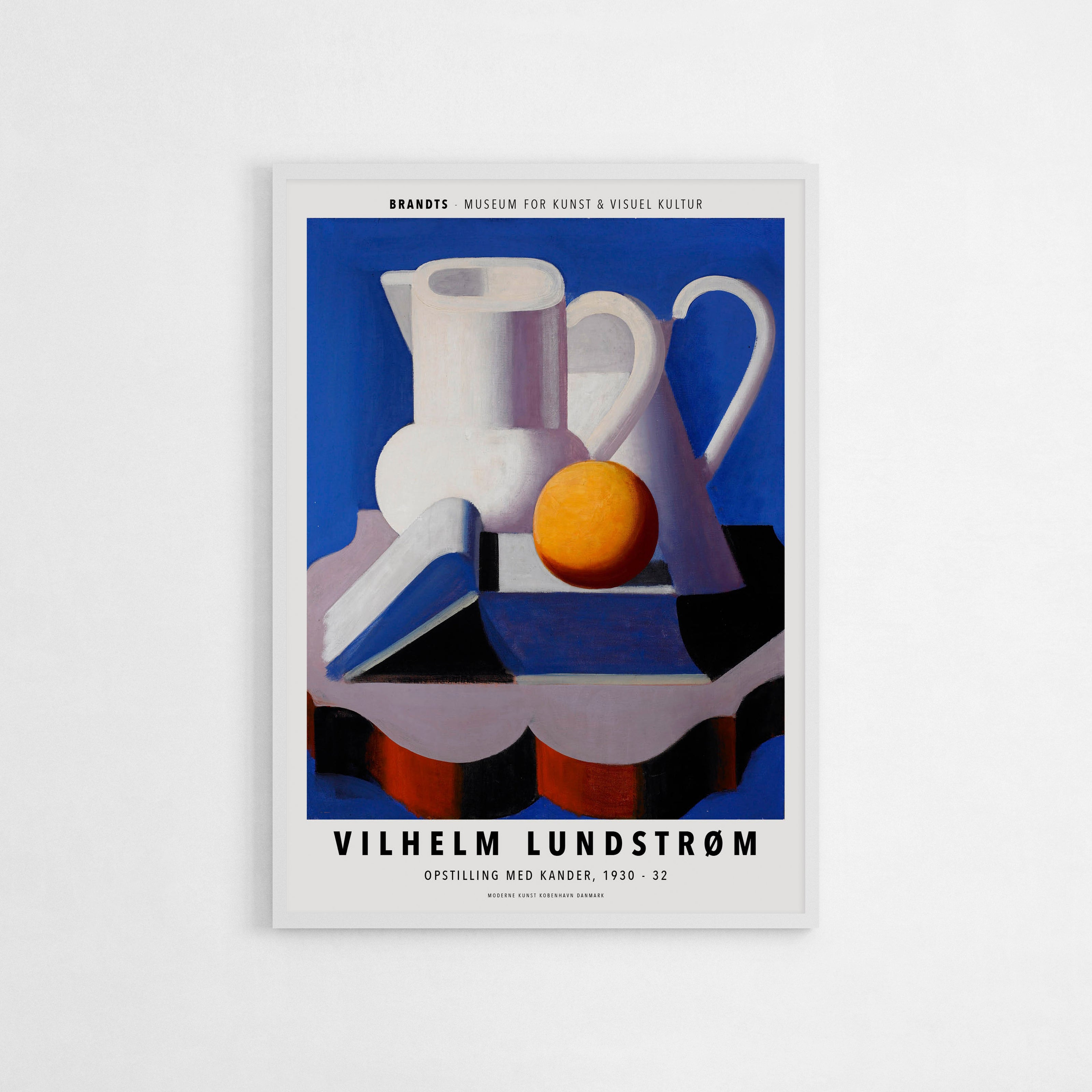 Poster of Vilhelm Lundstrøm’s "Opstilling med Kander" (1930-32), depicting a modernist still life with jugs, a fruit, and geometric shapes in a vibrant, minimalist composition.