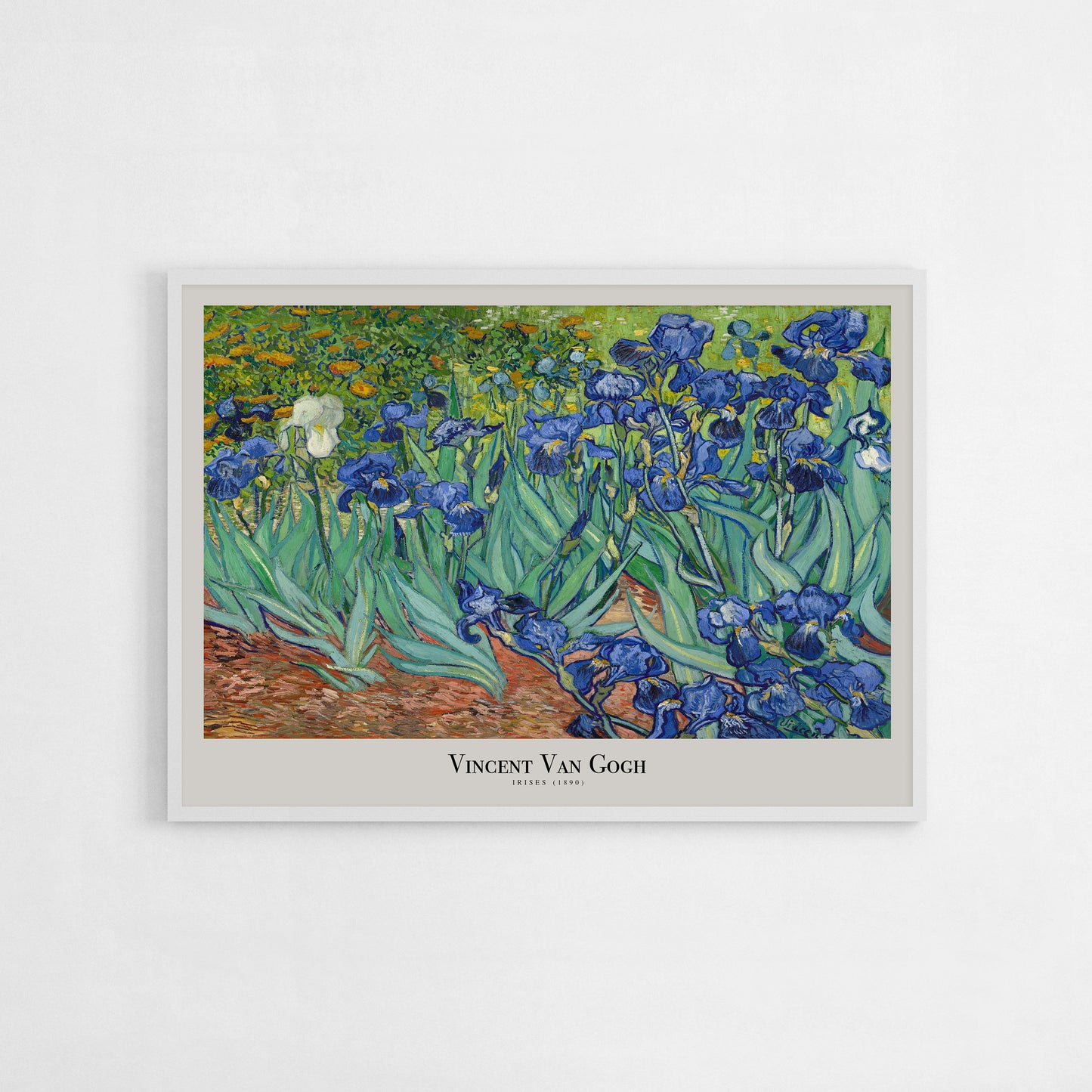 Art print of Vincent Van Gogh’s Irises, featuring vibrant blue irises against green foliage. This classic impressionist artwork, created in 1889, adds depth and color, ideal for art lovers and elegant interiors.