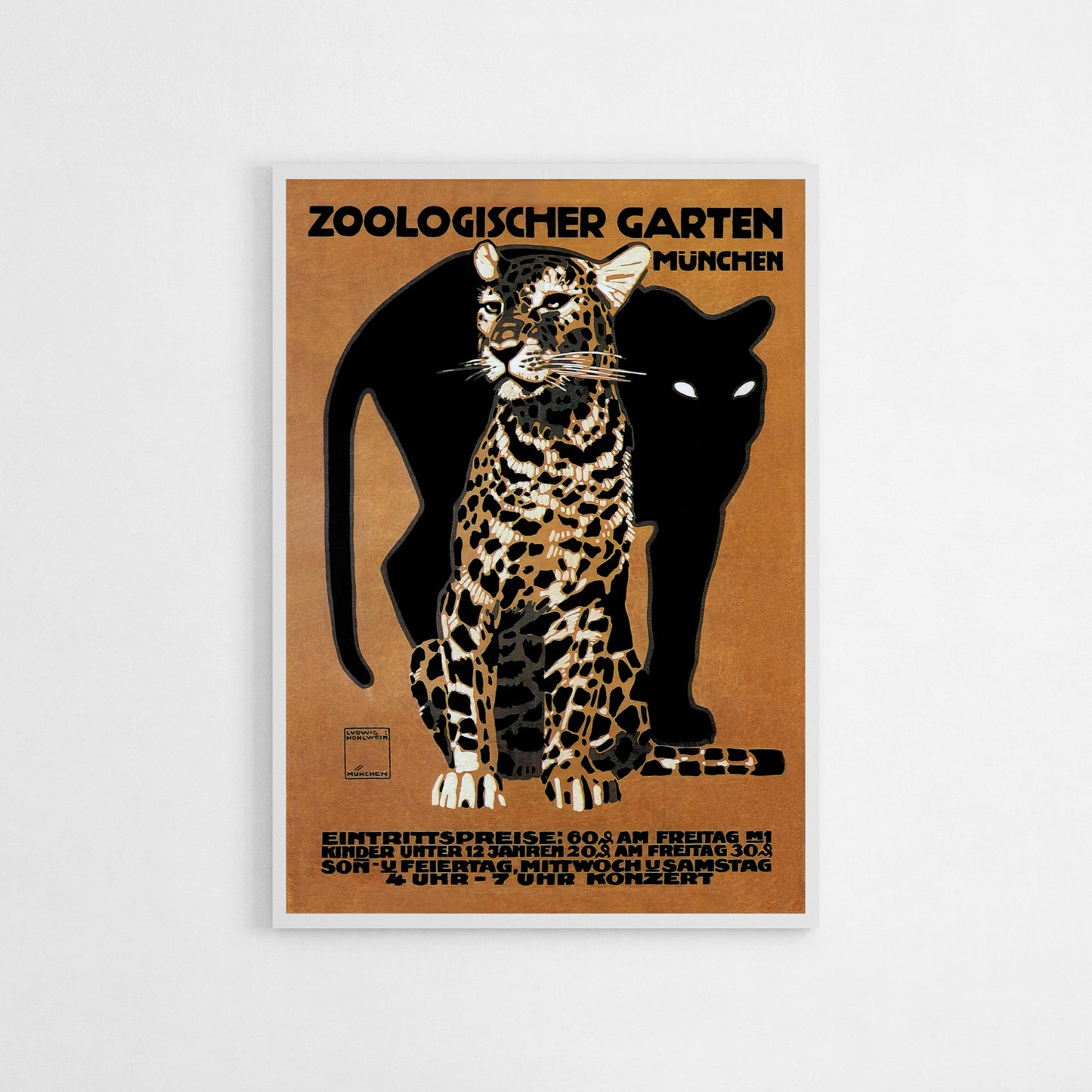 Vintage Munich Zoo poster featuring a leopard with a black panther silhouette, bold typography, and an earthy background.