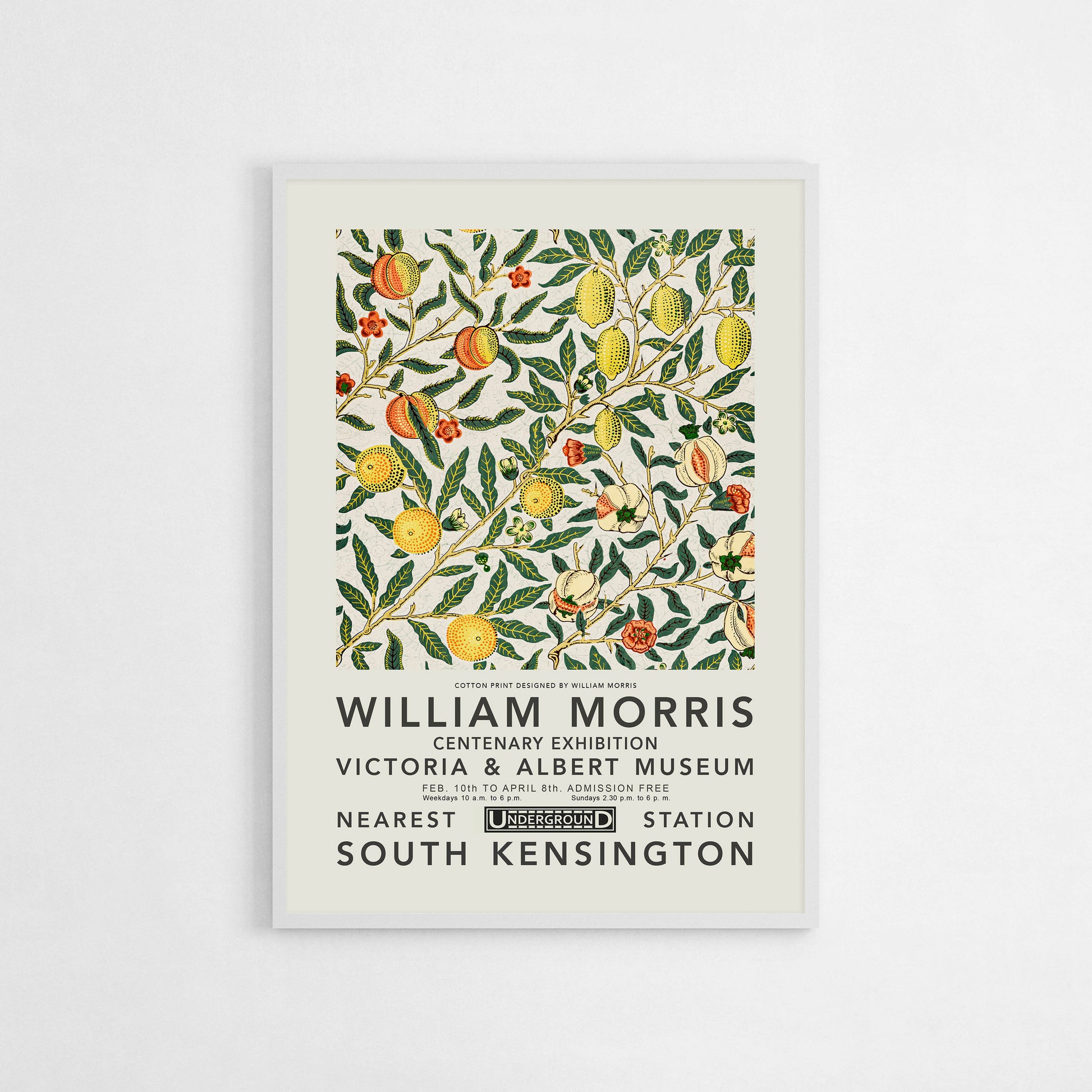 Art poster featuring William Morris’s “Citrus” design with detailed illustrations of fruit and leaves, emphasizing a lush and natural theme perfect for home decor.