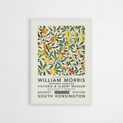 Art poster featuring William Morris’s “Citrus” design with detailed illustrations of fruit and leaves, emphasizing a lush and natural theme perfect for home decor.