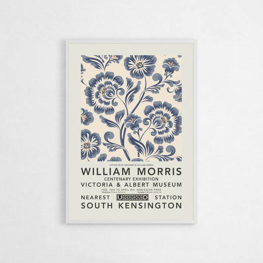 Vintage-style poster of a William Morris floral pattern, promoting a centenary exhibition at the Victoria & Albert Museum. Features intricate flowers and leaves, perfect for lovers of Morris’s iconic designs and classic Victorian decor.