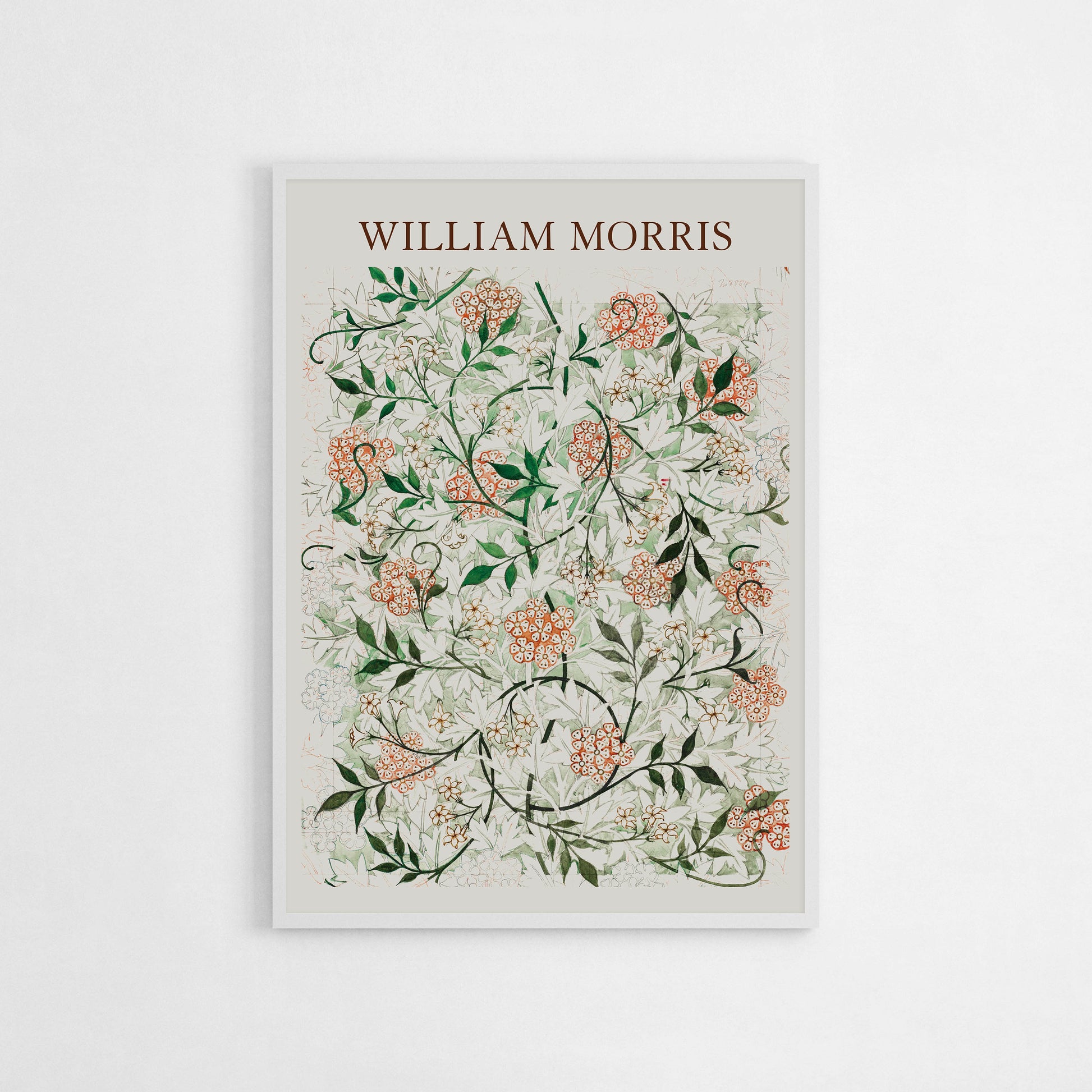 Floral botanical art print inspired by William Morris, showcasing intricate leaves and detailed flowers in a soft color palette. This poster captures the essence of the Arts and Crafts movement, ideal for elegant interior decor.