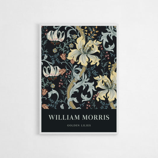 William Morris’s “Golden Lilies” poster featuring an intricate floral pattern with golden lilies and Victorian motifs on a dark background, blending classic art with modern decor style.