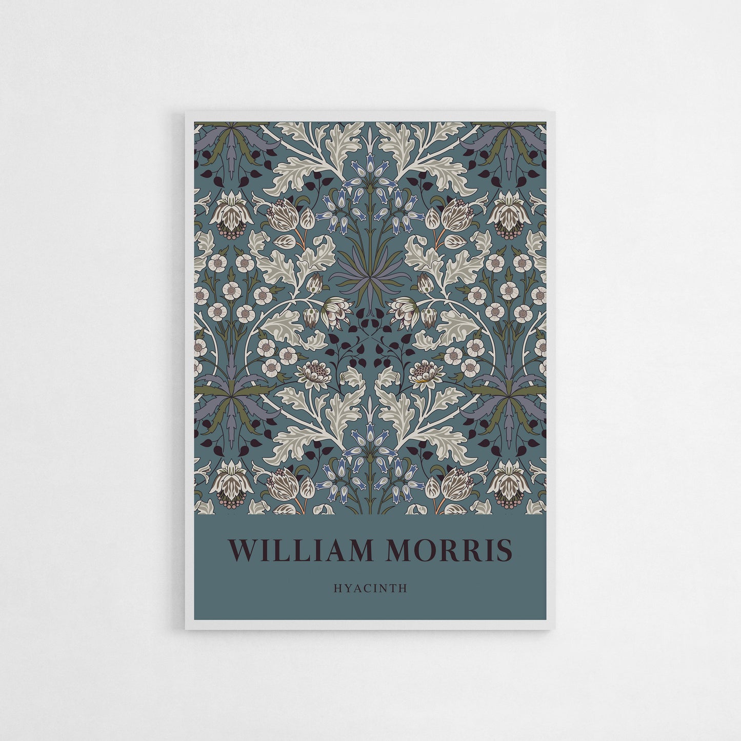 Victorian-inspired floral art print of William Morris’s Hyacinth pattern, with intricate leaf and flower designs set against a deep teal background for a modern twist on a classic aesthetic.