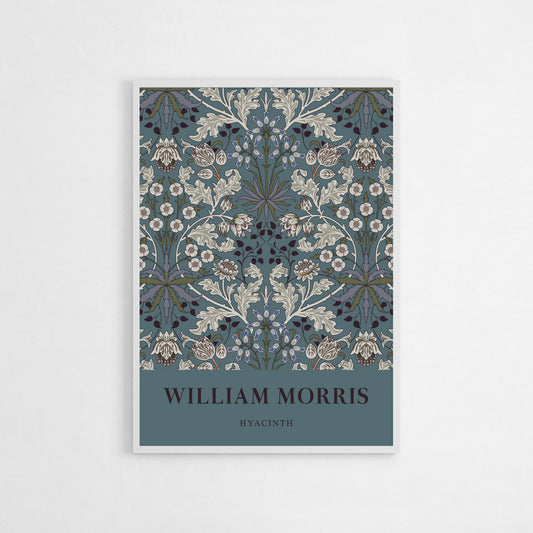 Victorian-inspired floral art print of William Morris’s Hyacinth pattern, with intricate leaf and flower designs set against a deep teal background for a modern twist on a classic aesthetic.