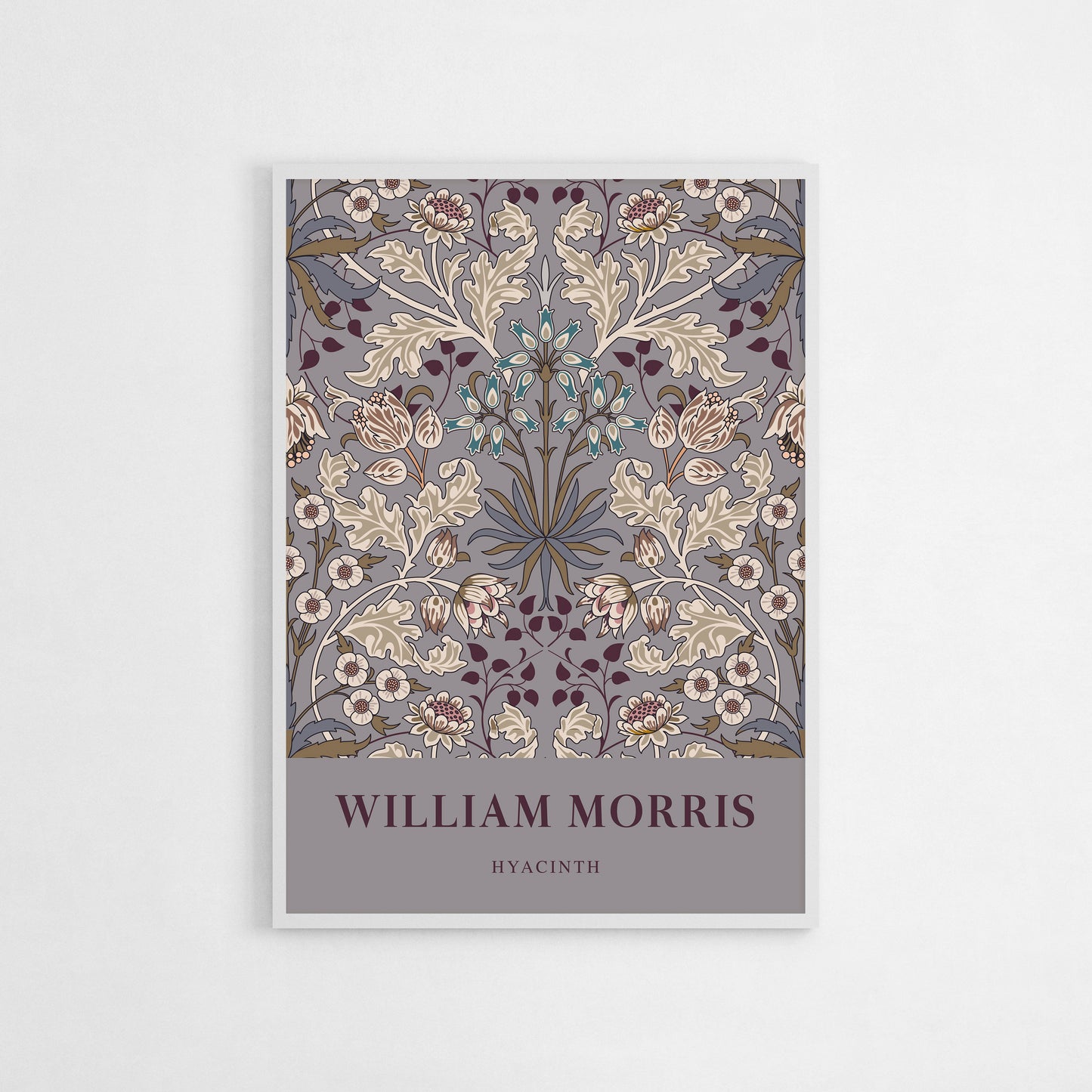 Detailed floral art print of William Morris’s Hyacinth pattern, featuring intricate leaves and blossoms in soft, taupe, muted tones for a vintage-inspired look.