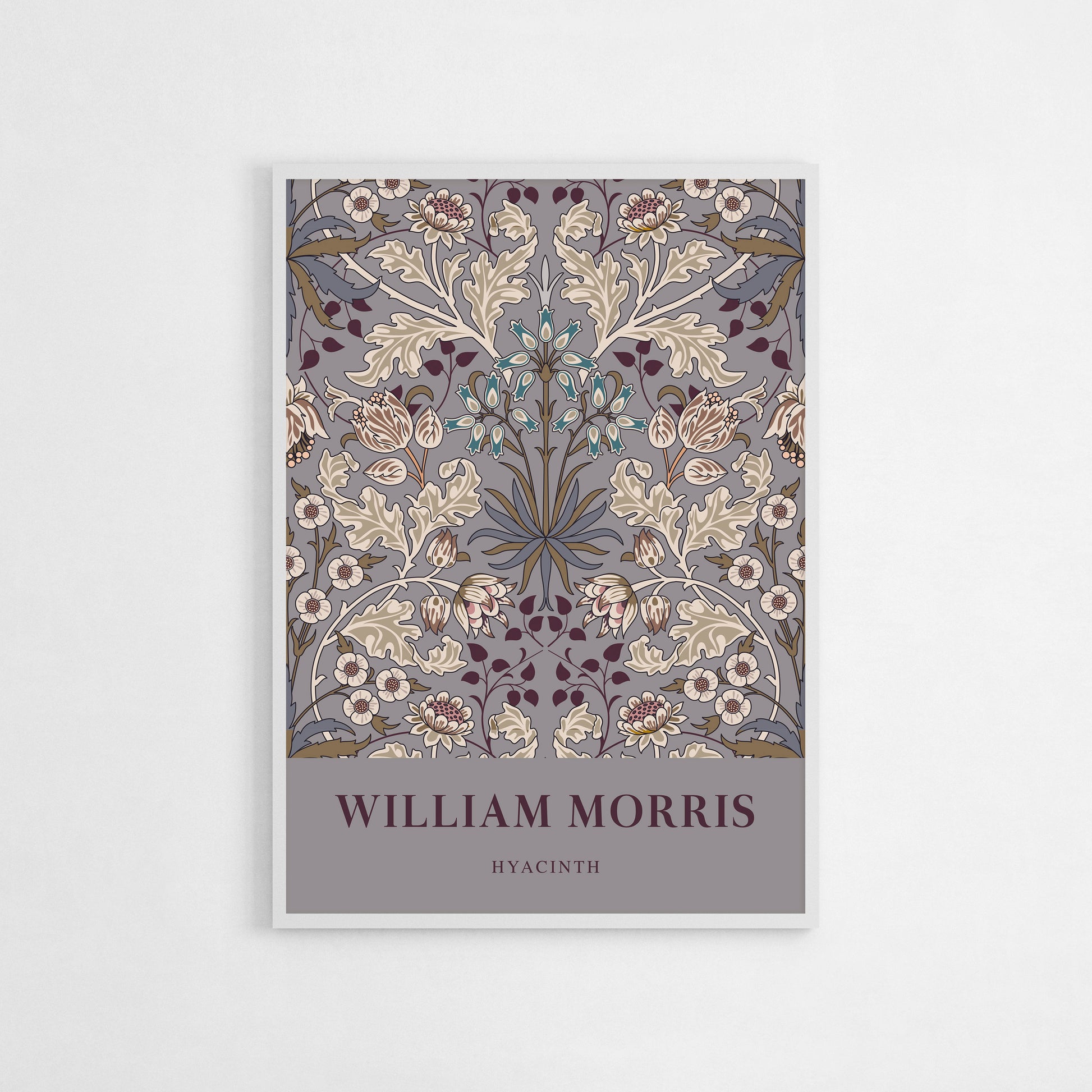 Detailed floral art print of William Morris’s Hyacinth pattern, featuring intricate leaves and blossoms in soft, taupe, muted tones for a vintage-inspired look.