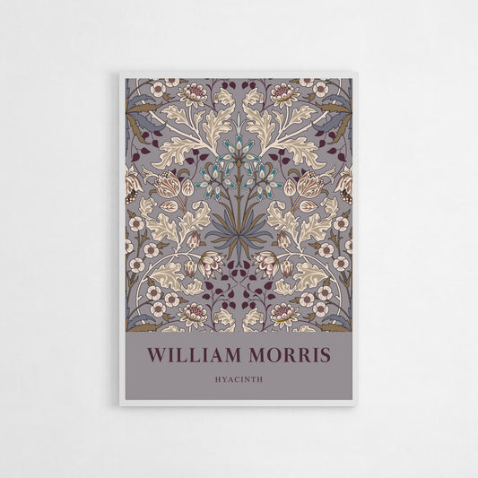 Detailed floral art print of William Morris’s Hyacinth pattern, featuring intricate leaves and blossoms in soft, taupe, muted tones for a vintage-inspired look.