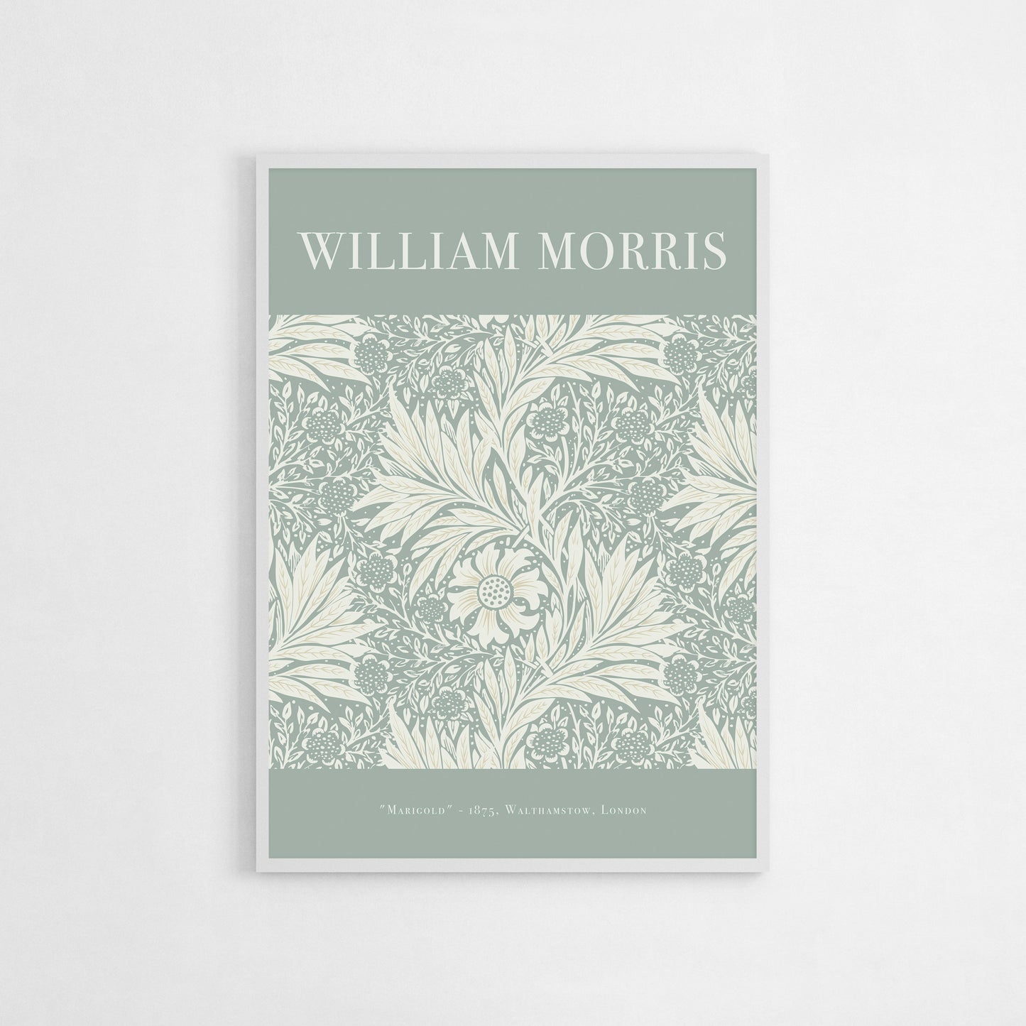 William Morris "Marigold" (1875) art poster, featuring an intricate floral design in soft green tones, showcasing the elegance of classic botanical patterns.