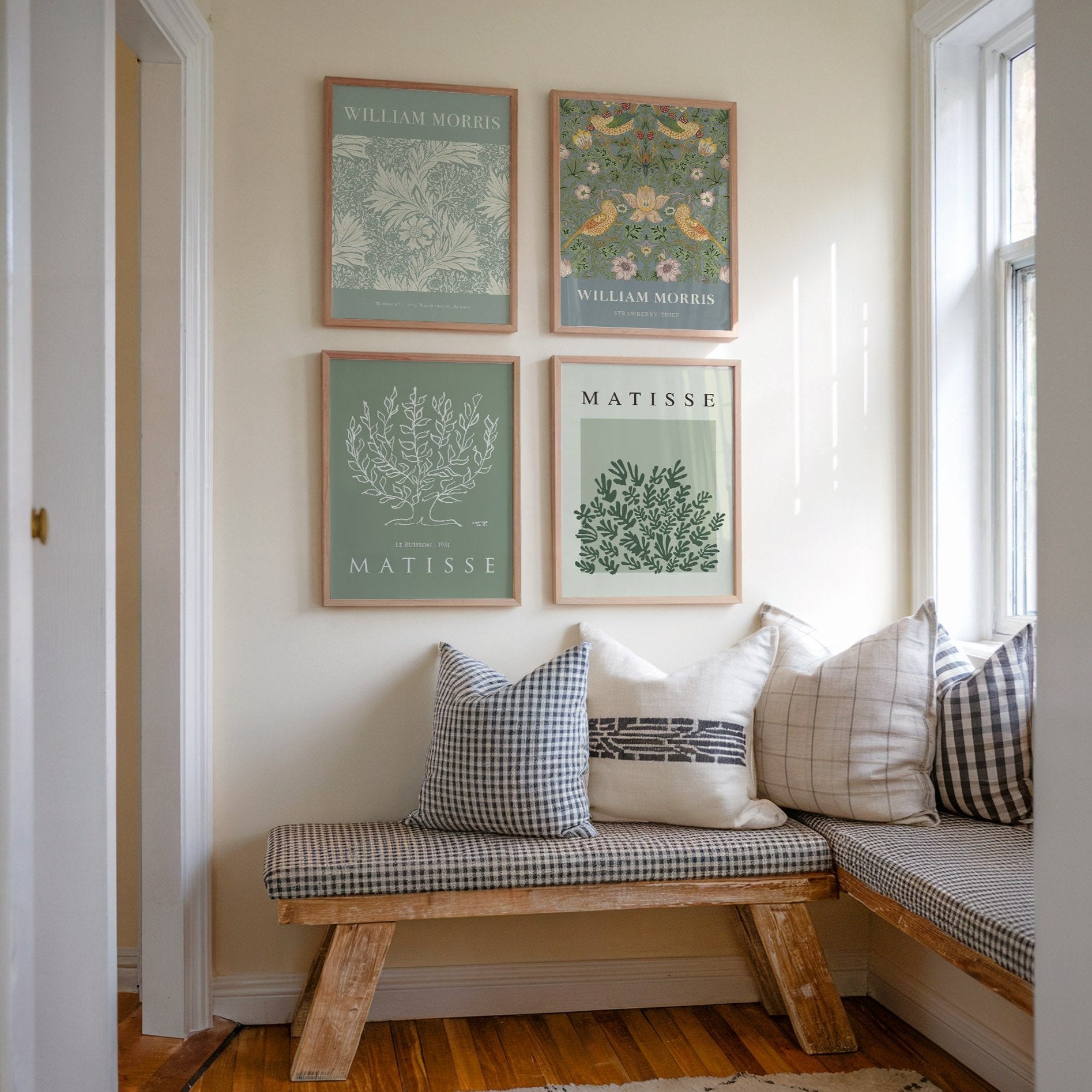 Set of four botanical art prints featuring William Morris and Matisse designs with floral and leafy patterns in soft green tones, perfect for adding a serene, vintage-inspired touch to interior decor.