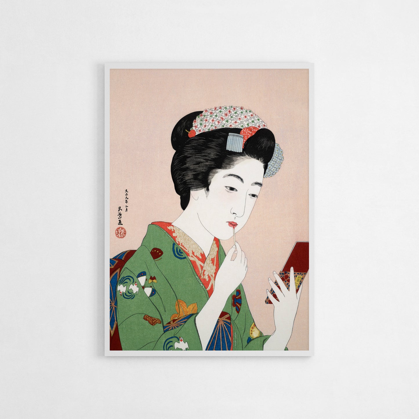 Traditional Japanese woodblock print of a woman applying rouge, created by Hashiguchi Goyo in 1920, perfect for vintage, Japanese, or minimalist-style decor