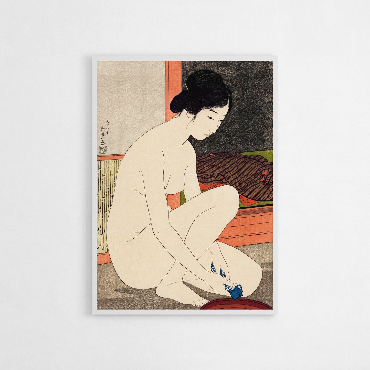 Traditional Japanese art print of a woman after bathing, created by Hashiguchi Goyo in 1920, ideal for minimalist or Japanese-inspired home decor.