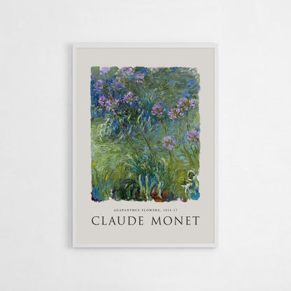 Claude Monet Agapanthus Flowers art poster, featuring soft greens, purples, and blues, museum-quality giclée print for home decor.