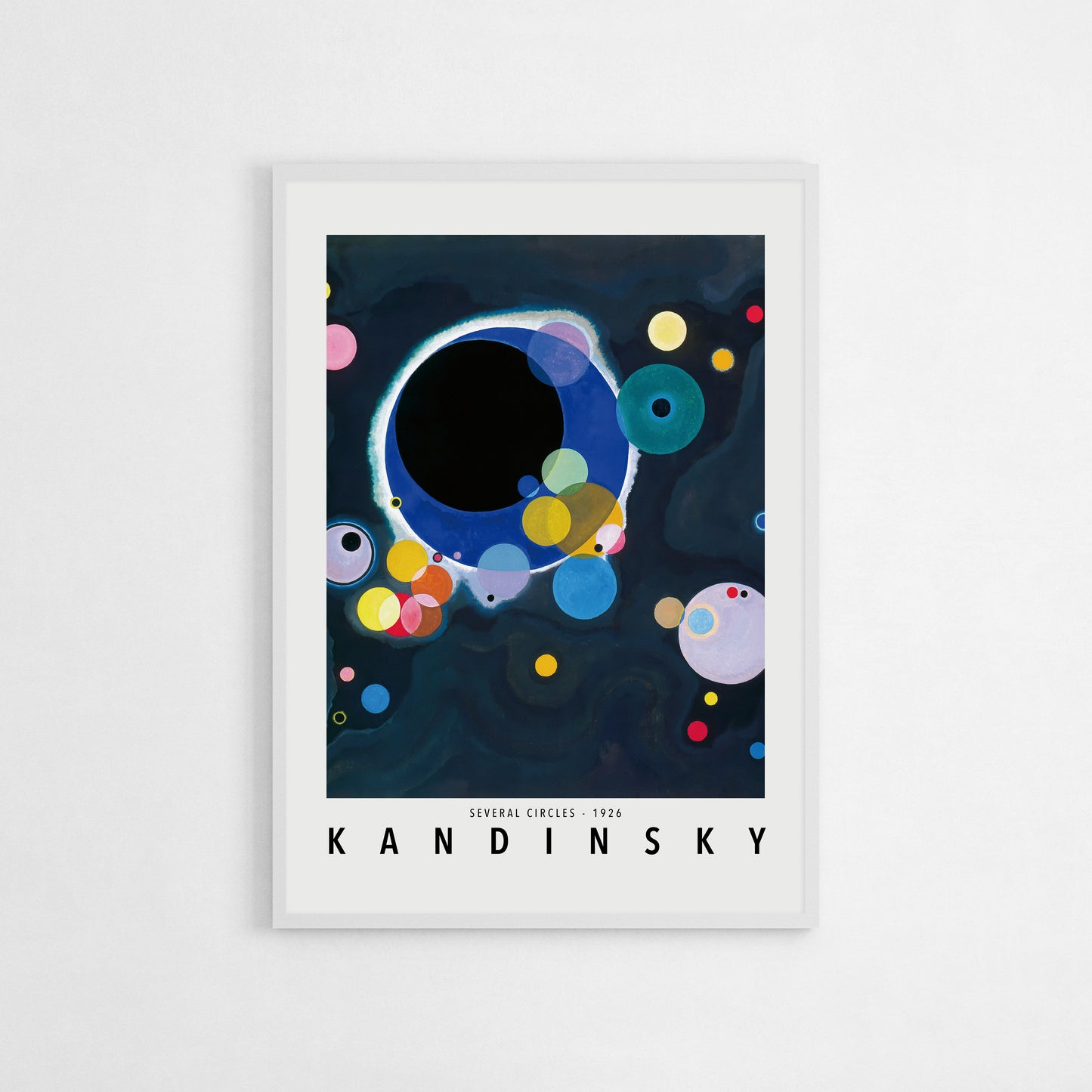 Abstract art print of Wassily Kandinsky’s “Several Circles” (1926) featuring overlapping circles in various colors and sizes against a deep, cosmic background.