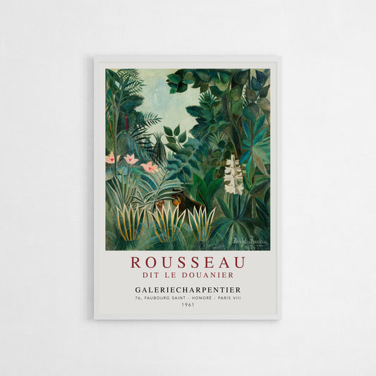 Henri Rousseau “The Equatorial Jungle” exhibition poster featuring an intricate tropical scene with lush greenery, exotic plants, and wildlife, exuding a sense of mystery and surrealism.