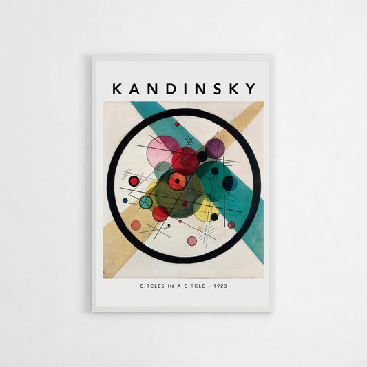 Poster of Wassily Kandinsky’s 1923 artwork “Circles in a Circle,” showcasing overlapping colorful circles bounded by a thick black circle on a geometric background.