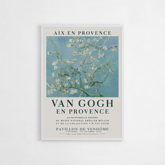 Van Gogh En Provence Almond Blossoms art poster featuring soft blue and white tones, museum-quality giclée print for home decor.