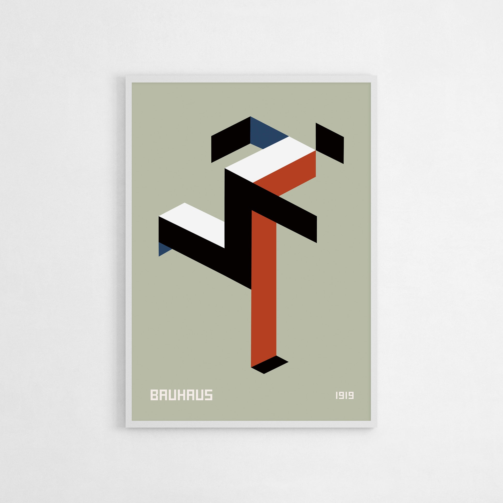 Bauhaus 1919 geometric art print featuring bold isometric shapes in earthy tones. Perfect for modern interiors, minimalist decor, creative workspaces, or as a gift for design enthusiasts. The print embodies the iconic style of the Bauhaus movement.